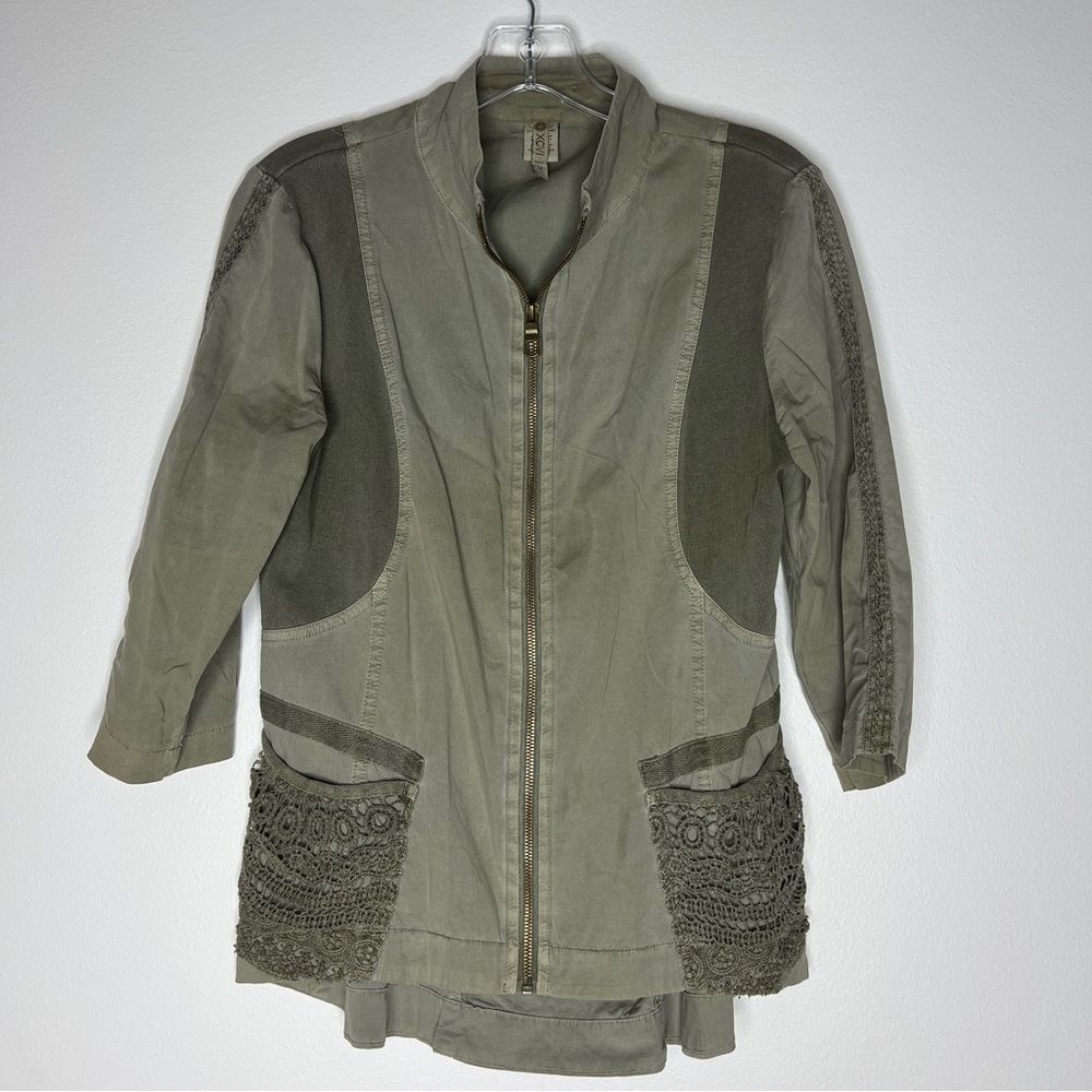 XCVI Olive Green Zip Up 3/4 Sleeve Crochet Pocket Jacket Size M